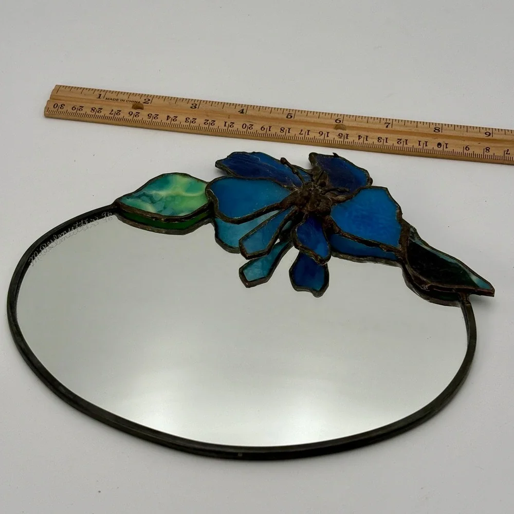 Vintage Handmade Stained Glass Mirror Blue Floral Signed Wall Decor 8x7 1996